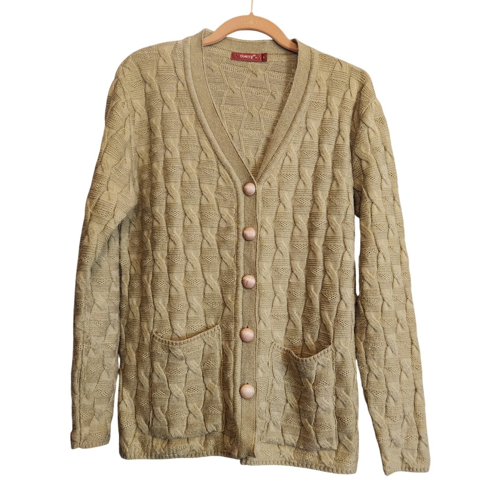 Daisy Cardigan Sweater Womens Large Green Excellent Cable Knit V-Neck Button Up
